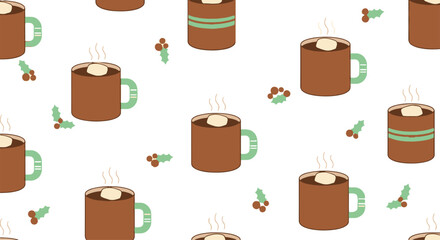 Flat lay seamless pattern of cozy hot chocolate mugs with marshmallows and holly berries, perfect for winter holiday backgrounds