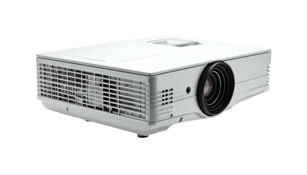 White projector with lens, vents, isolated against a black background