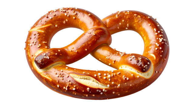 Golden-brown pretzel sprinkled with salt. Delicious treat isolated