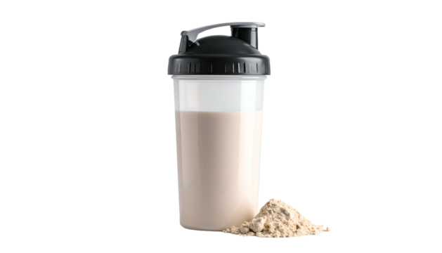 Protein shake in shaker with pile of powder against black backdrop