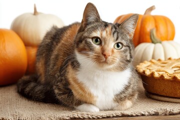 Cozy thanksgiving barn cat sitting beside pie and pumpkins in rustic farm setting