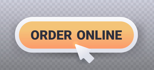 Rounded orange Order Online button with white frame on transparent background. Modern web interface element for e-commerce, websites, and mobile apps