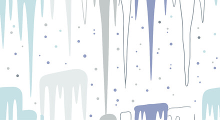 Flat winter background illustration with stylized falling snow and glistening icicles, creating a serene cold season graphic design pattern