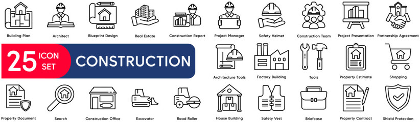 Construction set of web icons in line style. vector illustration concept relate to construction, building, repair, build, crane, builder, design, men at work, industry