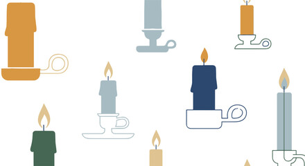 Flat vector seamless pattern of various decorative candles in holders, creating a minimalist and elegant design for backgrounds and festive celebrations