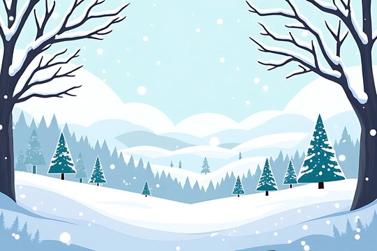 A serene winter landscape with snowcovered hills and pine trees