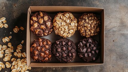 Overhead shot of assorted oatmeal and chocolate chip cookies in a box on a rustic dark background