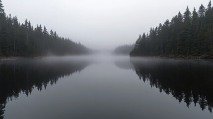 Fototapeta premium Dense fog rolling over a tranquil lake with forest reflections
