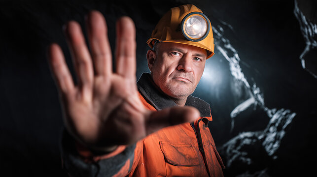 Mining worker in yellow helmet with headlamp shows stop gesture in underground tunnel. Coal miner portrait symbolizes mine closure, job loss, safety warning and harsh labor conditions in industry.