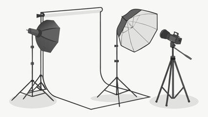 "Realistic 3D render of professional photography set with multiple lighting sources, seamless white backdrop, and reflector umbrella. Modern studio setup for product, fashion, and portrait photography