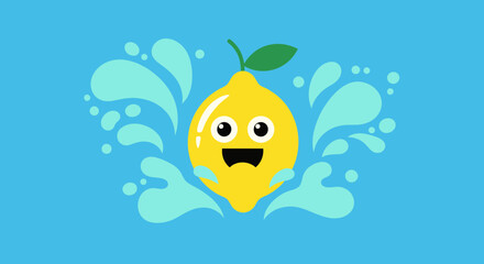 Jumping Lemon Character With Water Splashes Against A Bright Aqua Backdrop