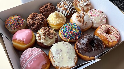 Assorted donuts in a box, a delightful collection of sweet treats with colorful toppings and flavors