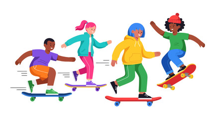 Kids Enjoying Skateboarding: Cheerful Illustrations Of Skaters Against Black Backdrop