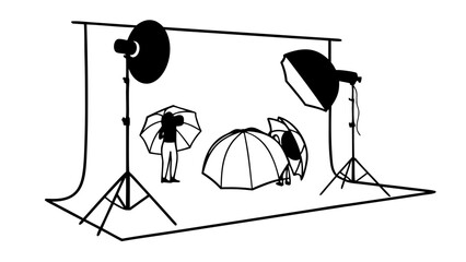 "Realistic 3D render of professional photography set with multiple lighting sources, seamless white backdrop, and reflector umbrella. Modern studio setup for product, fashion, and portrait photography