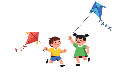 Kids Joyfully Flying Kites, Colorful Sky Fun, Playful Childhood Moments