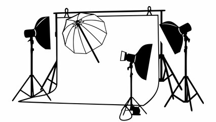 "Realistic 3D render of professional photography set with multiple lighting sources, seamless white backdrop, and reflector umbrella. Modern studio setup for product, fashion, and portrait photography