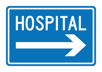 Hospital area traffic road symbol. Hospital area blue template road sign. Vector illustration