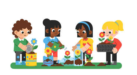 Kids Planting Flowers Together: A Collaborative Illustration of Gardening and Growth