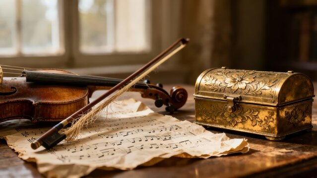 A symbolic still life of musical reflection: a violin bow, sheet music, and brass music box in soft diffused window light