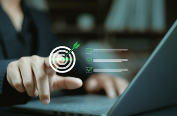 Business process and workflow development. Target goal icon with correct checklist on virtual screen. Business strategy planning and quality management concept. Quality control assessment.