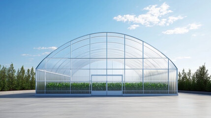 Fototapeta premium a greenhouse with a curved roof with clear blue sky above. with copy space. 3d illustration.