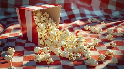 Popcorn spilling from a striped box on a checkered tablecloth, a classic cinema snack