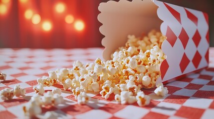 Close up of popcorn spilling out of a red and white striped box on a checkered tablecloth