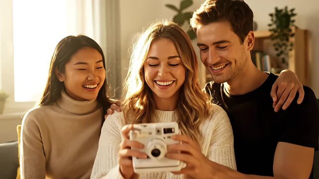 Three happy friends take a candid selfie with an instant camera, enjoying sunny moments indoors.