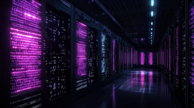 Futuristic Server Racks Displaying Digital Data in a Dark Room