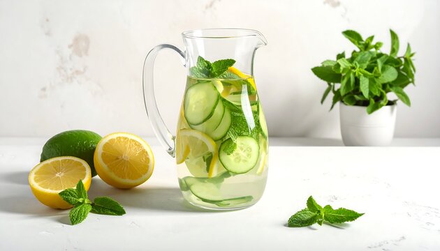 A refreshing, clear pitcher filled with cucumber, lemon, and mint. Fresh ingredients are arranged on a white surface, with a small potted plant