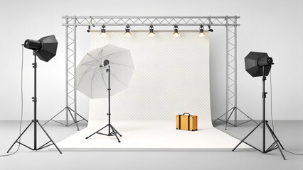 "Realistic 3D render of professional photography set with multiple lighting sources, seamless white backdrop, and reflector umbrella. Modern studio setup for product, fashion, and portrait photography