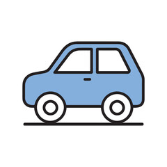 Simple Icon of a light blue two door hatchback car with black outlines on a white background