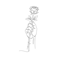 Elegant line art of a hand holding a delicate rose, perfect for minimalist designs and romantic themes, convey love and simple beauty