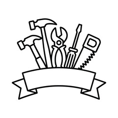 Collection of hand tools and banner for text on white background