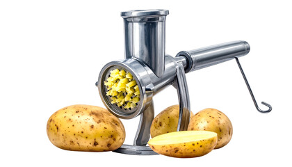 Potato grater grinds potatoes, black backdrop