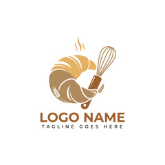 Elegant croissant bakery logo design with vintage whisk for branding your cafe or patisserie, creating a professional and mouthwatering impression