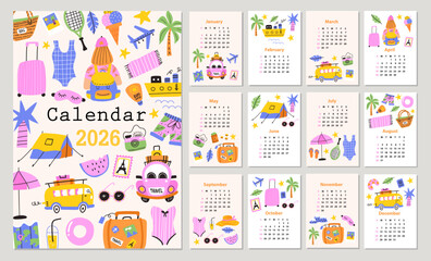 Calendar 2026 with travel beach objects. Hand drawn vector