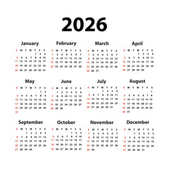 Calendar 2026 starting from Sunday. Vector