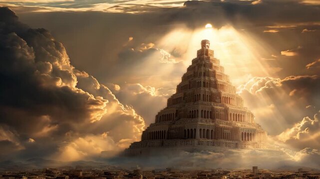 Babylonian tower rises majestically as sunlight breaks through clouds, illuminating the structure against a dramatic sky backdrop