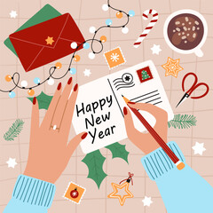 Happy New Year card with hands writing letter to Santa , garland with holiday elements. Vector
