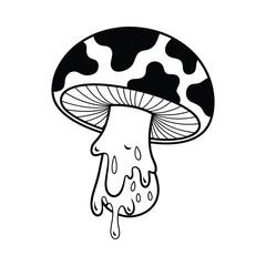 Psychedelic melting mushroom with cow pattern cap black and white illustration