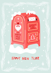 Mailbox for christmas letters to Santa Claus. Greeting card with Happy New Year. Vector illustration
