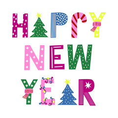 Stylized vector graphic happy new year text. Greeting card or seasonal design element. Vector