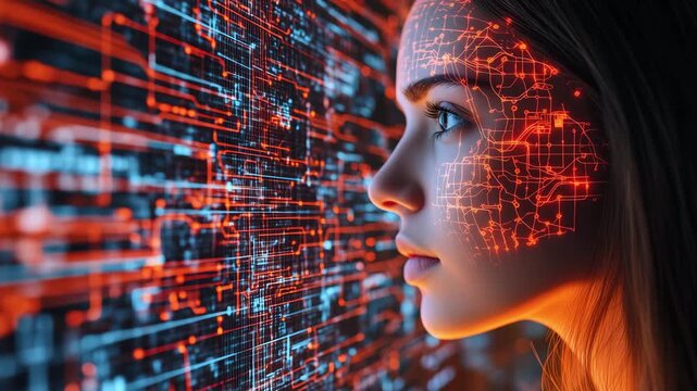 A woman looks intently at a digital interface filled with glowing patterns and data, highlighting the fusion of human features and technology