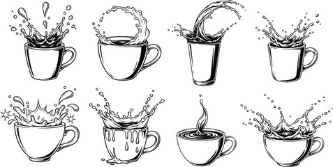 Hand-drawn home barista coffee and beverage splash icons set