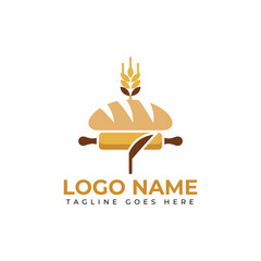 Bakery logo design featuring fresh bread, wheat, and rolling pin, perfect for branding a modern bakery or cafe, delicious food.