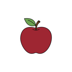 Hand-Drawn Style Red Apple Illustration with Stem and Green Leaf, Ideal for Healthy Food Concepts, Fresh Produce Graphics, and Diet Themes.