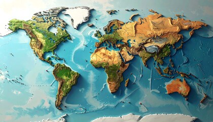 A vibrant, detailed three-dimensional topographical map of the world, showcasing land elevation and oceanic depths with rich colors