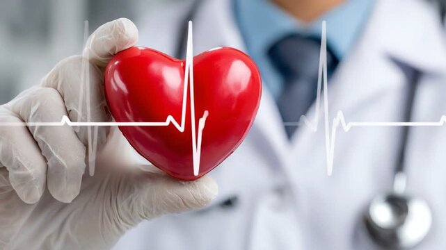 A doctor holding a red heart symbolizes care and health. The image showcases the importance of heart health and the role of medical professionals in promoting wellness.