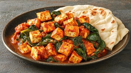 Fototapeta premium Paneer Curry with Spinach on Ceramic Plate with Naan